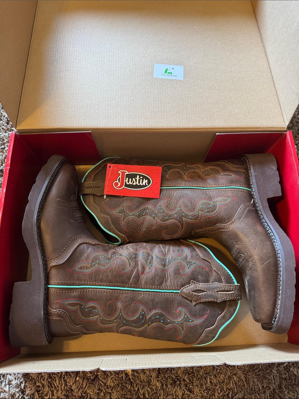 Justin Boots Brown Leather Western Boots with Turquoise Trim
